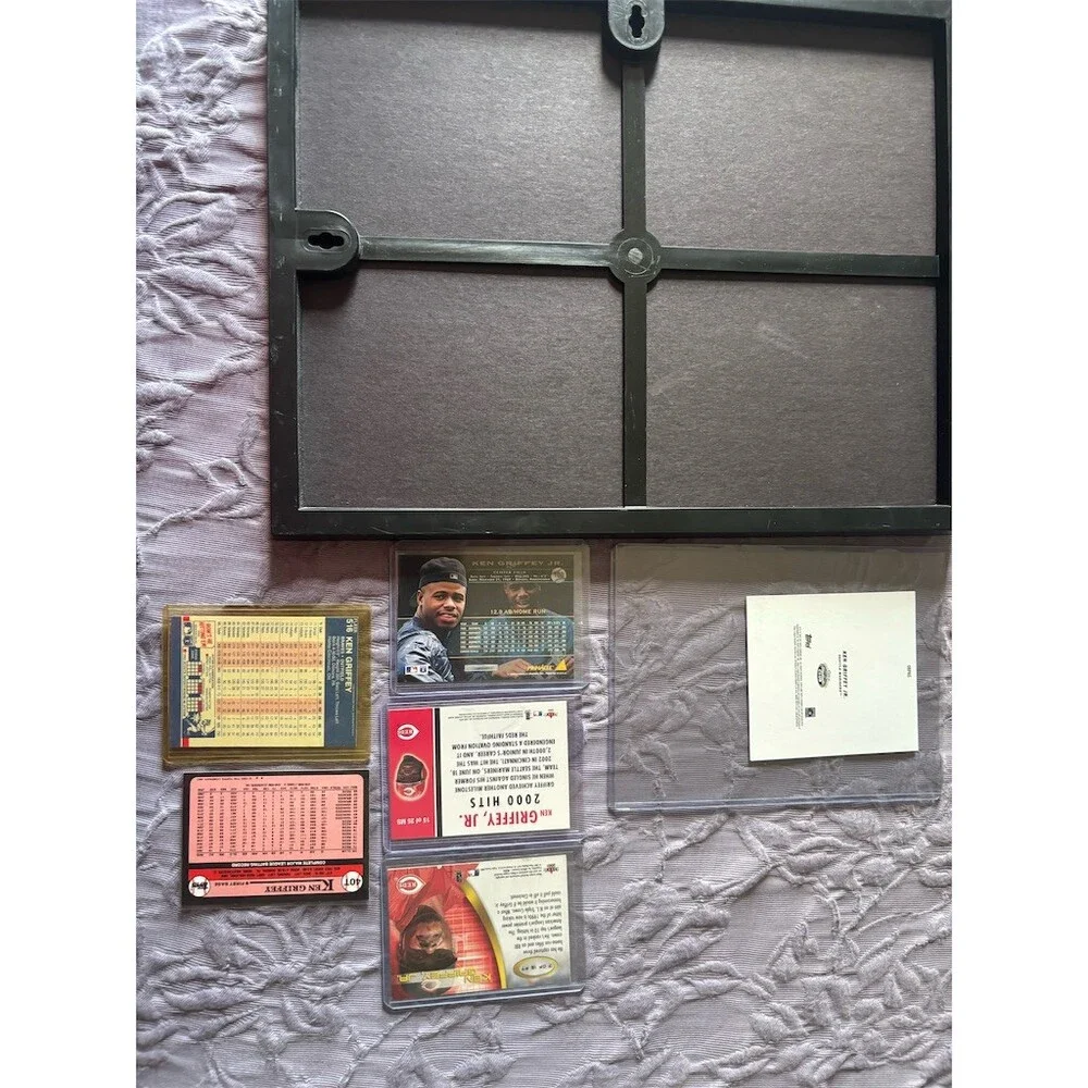 Ken Griffey Jr & Sr Memorabilia Lot Framed Mariners Print + 6 MLB Cards